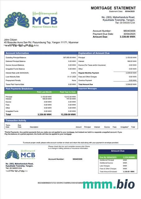 Myanmar Citizens Bank wyciąg z kredytu hipotecznego szablon Word i PDF